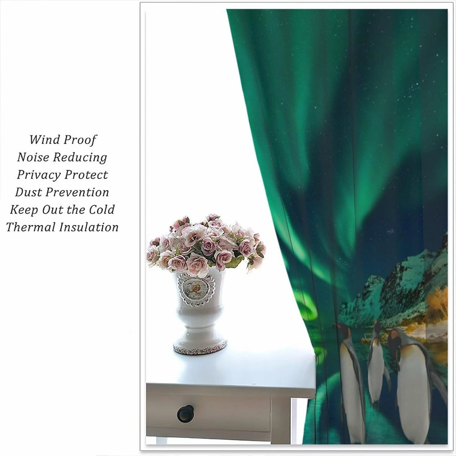 Beautiful Colorful Aurora Curtains,Rustic Nature Scenery Snowy Mountain Forest Cute Polar Bear Penguin Window Treatments Thermal Insulated Rod Pocket Blackout Curtains 2 Panels 63" L x 21" W