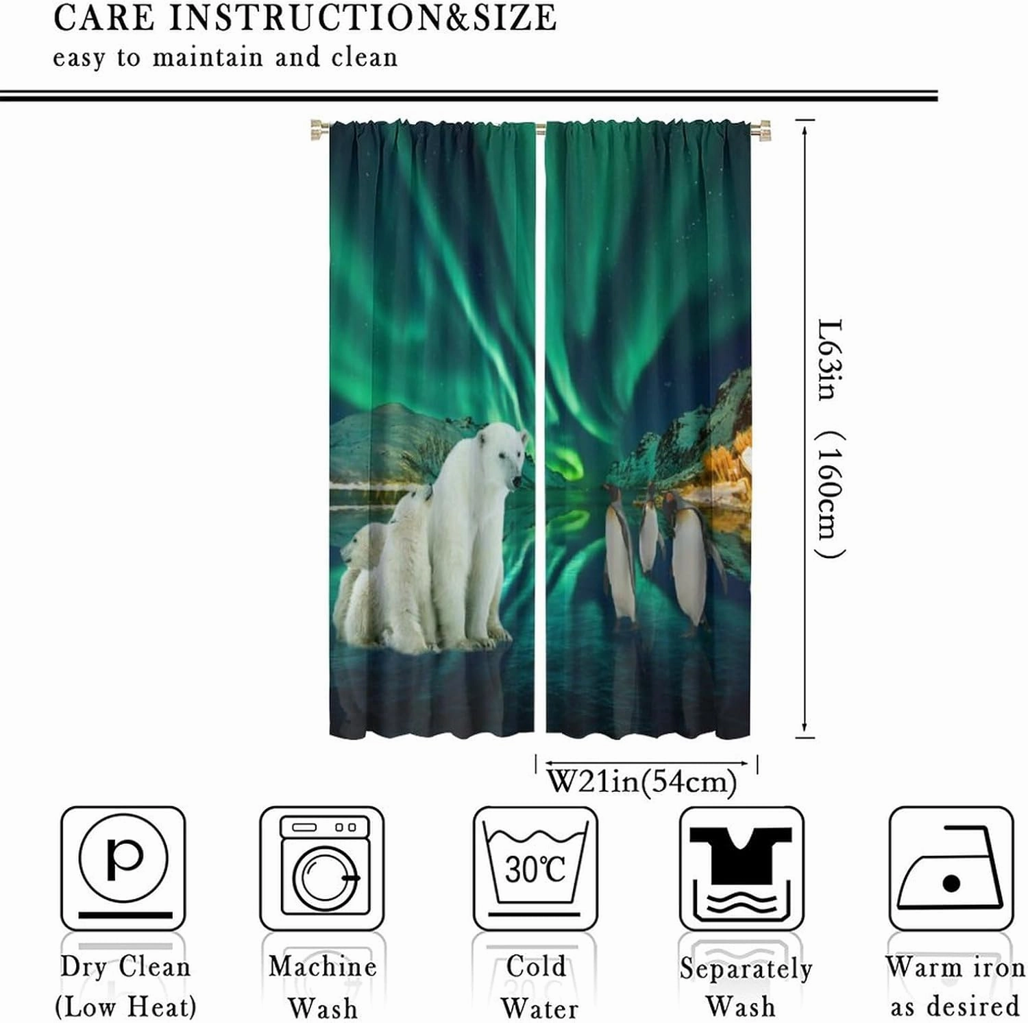 Beautiful Colorful Aurora Curtains,Rustic Nature Scenery Snowy Mountain Forest Cute Polar Bear Penguin Window Treatments Thermal Insulated Rod Pocket Blackout Curtains 2 Panels 63" L x 21" W