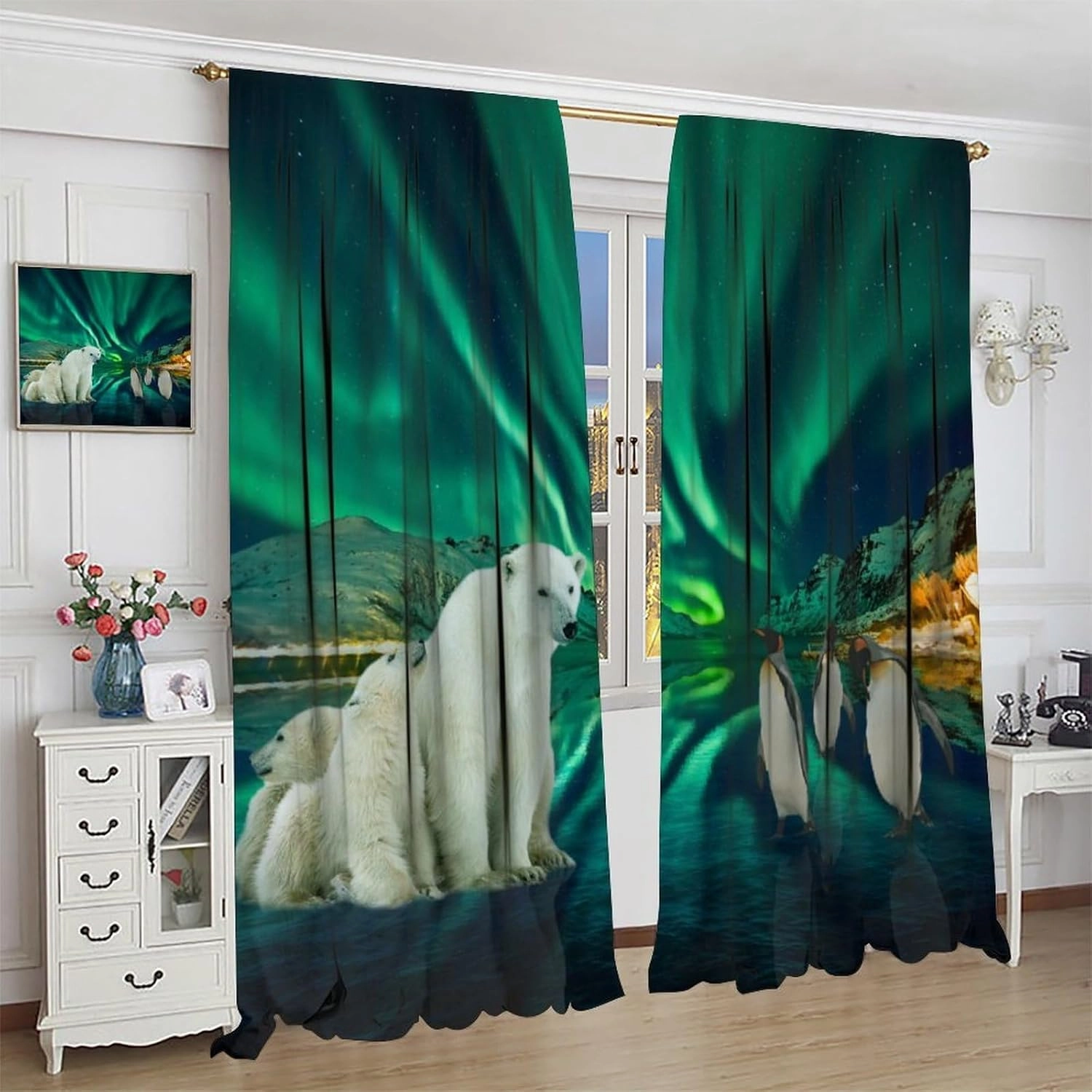 Beautiful Colorful Aurora Curtains,Rustic Nature Scenery Snowy Mountain Forest Cute Polar Bear Penguin Window Treatments Thermal Insulated Rod Pocket Blackout Curtains 2 Panels 63" L x 21" W