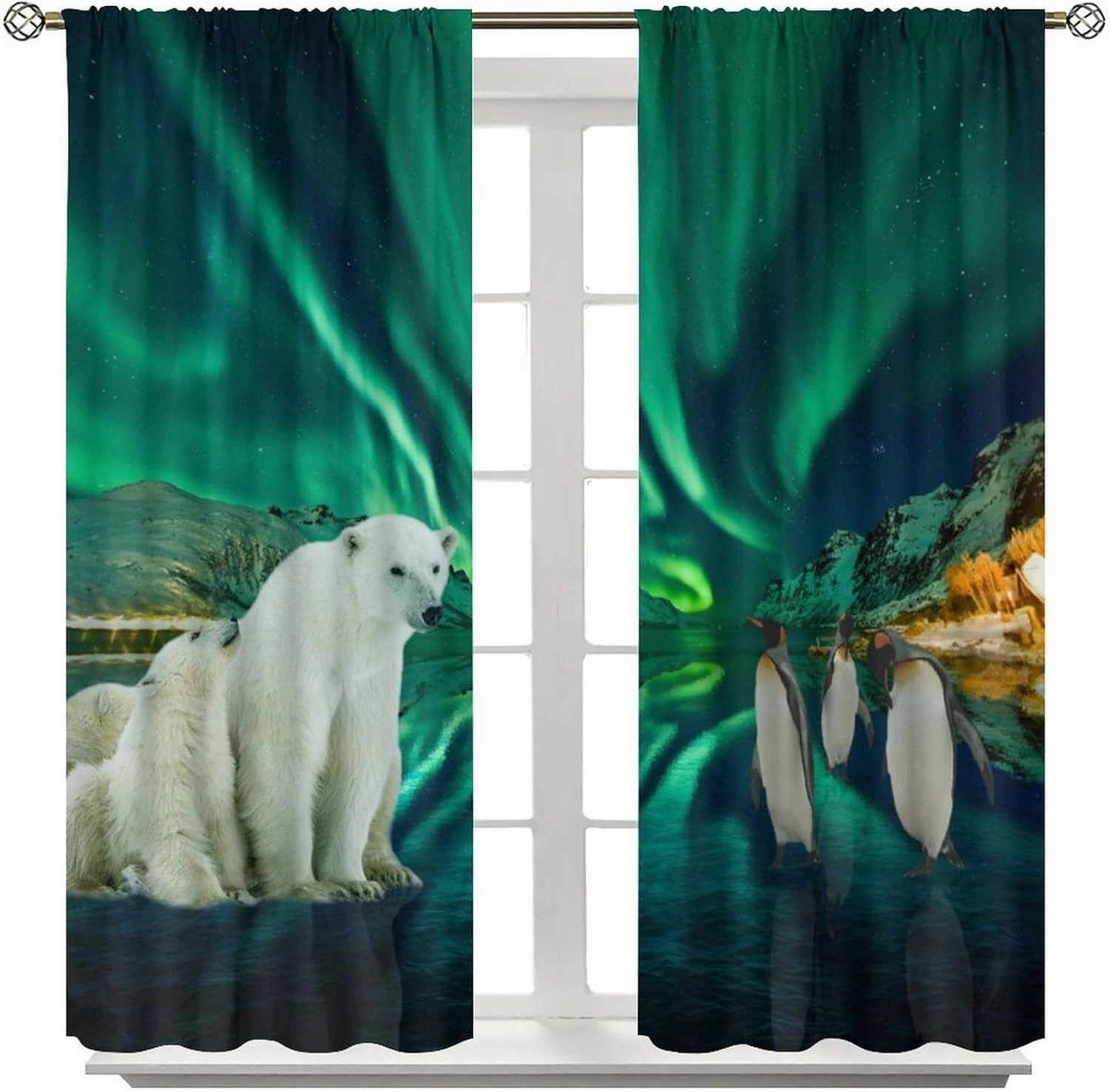 Beautiful Colorful Aurora Curtains,Rustic Nature Scenery Snowy Mountain Forest Cute Polar Bear Penguin Window Treatments Thermal Insulated Rod Pocket Blackout Curtains 2 Panels 63" L x 21" W