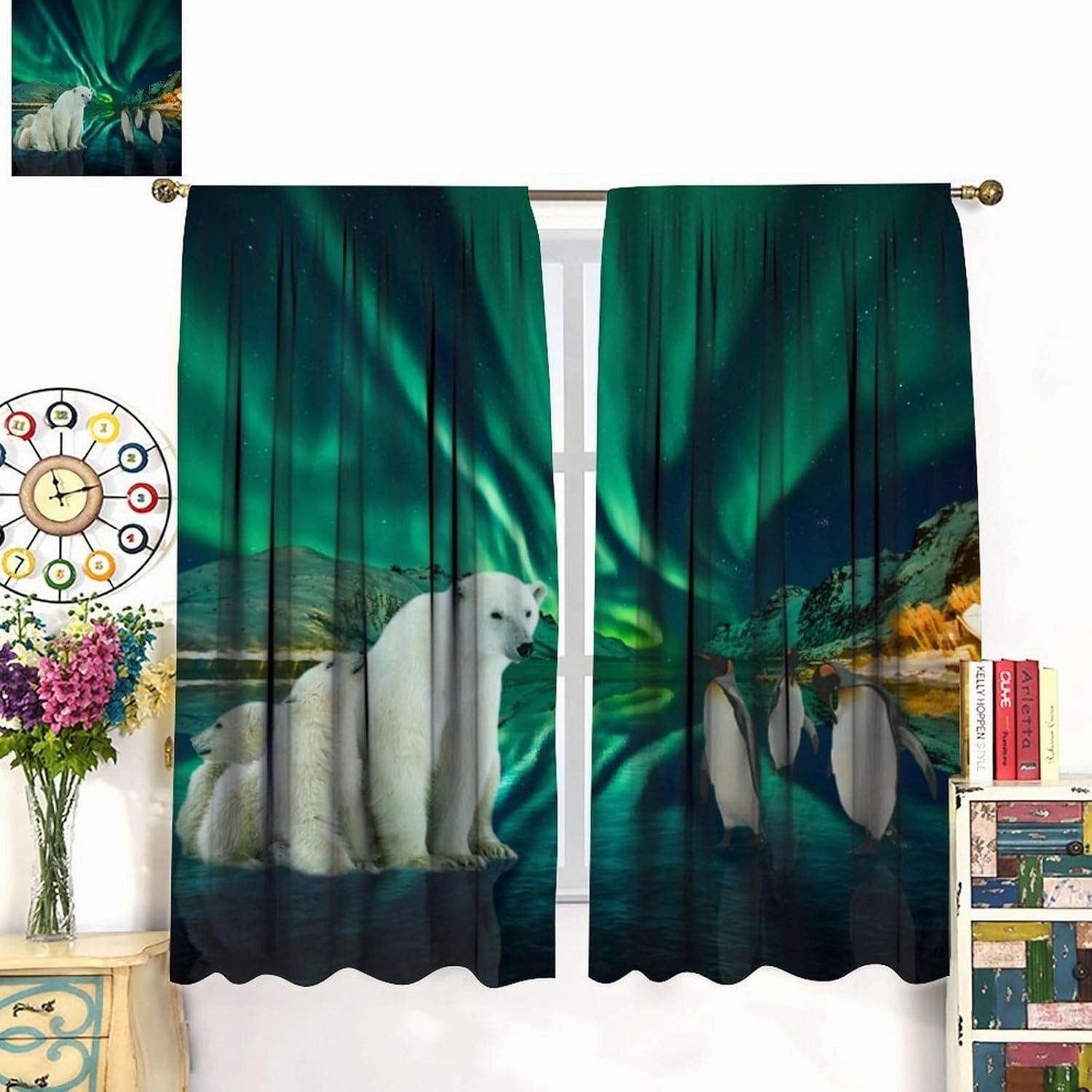 Beautiful Colorful Aurora Curtains,Rustic Nature Scenery Snowy Mountain Forest Cute Polar Bear Penguin Window Treatments Thermal Insulated Rod Pocket Blackout Curtains 2 Panels 63" L x 21" W