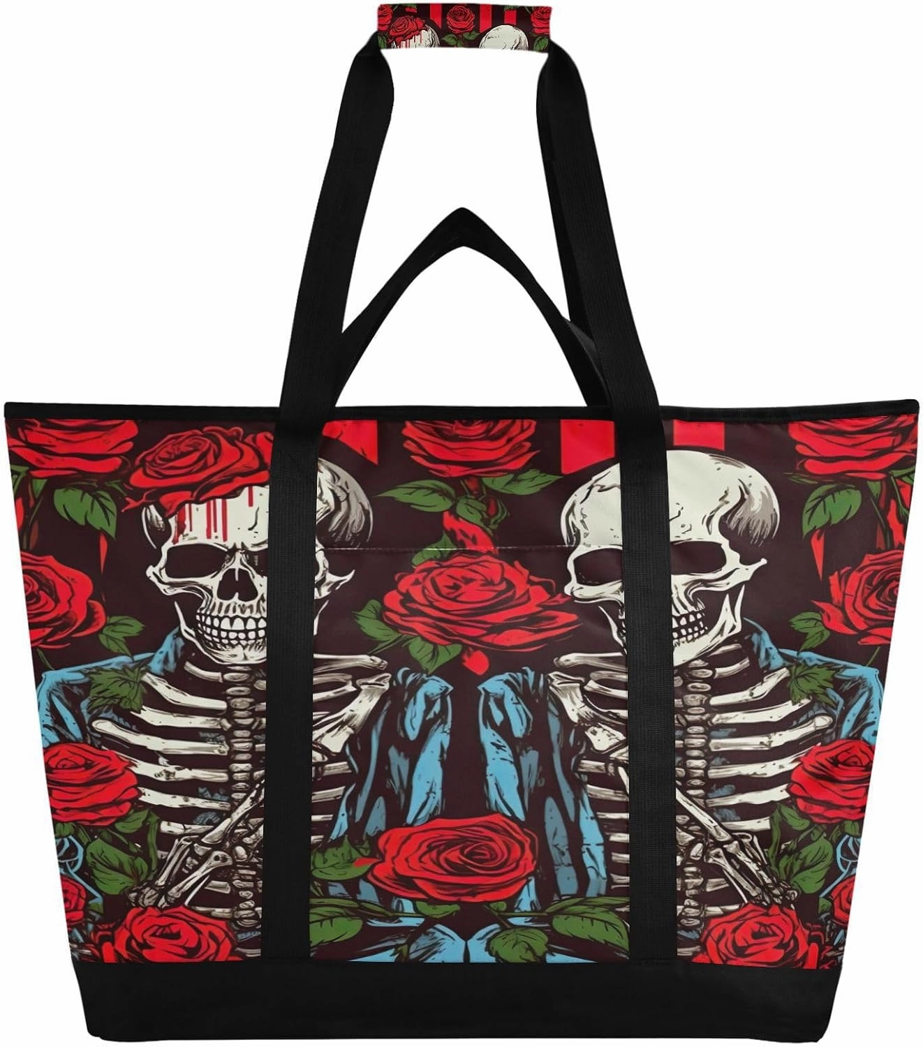 Beautiful Rose and Skull Reusable Insulated Lunchbox Cooler Bag, Leakproof Kitchen Grocery Bag Collapsible Portable Cooler Tote Bag for Picnic, Camping, Office, Travel