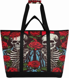 Beautiful Rose and Skull Reusable Insulated Lunchbox Cooler Bag, Leakproof Kitchen Grocery Bag Collapsible Portable Cooler Tote Bag for Picnic, Camping, Office, Travel