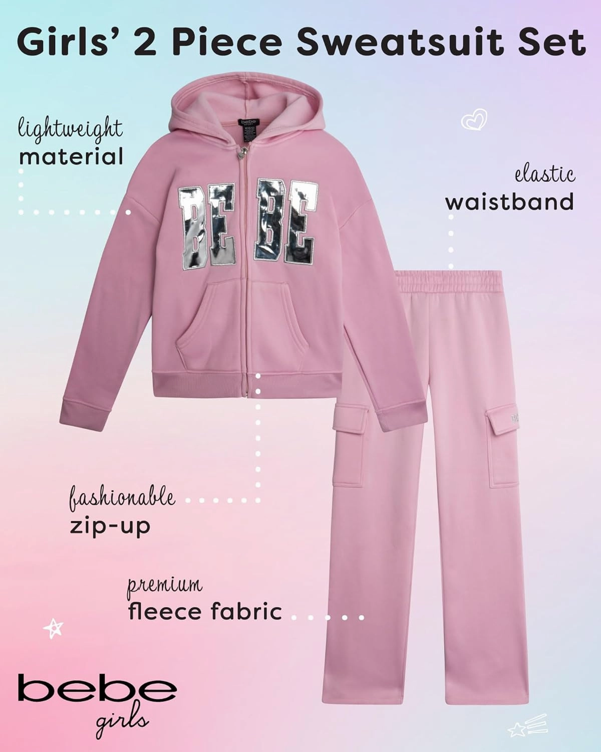 bebe Girls' Sweatsuit Set - 2 Piece Soft Fleece Full Zip Up Hoodie and Cargo Pants Set for Girls (7-12)
