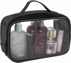 Beebeecraft Clear Toiletry Bag PU Leather & PVC Multifunctional Cosmetic Storage Bags with Handle for Travel Makeup Organizer (Black)
