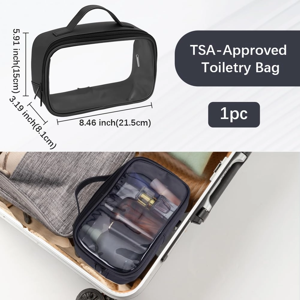 Beebeecraft Clear Toiletry Bag PU Leather & PVC Multifunctional Cosmetic Storage Bags with Handle for Travel Makeup Organizer (Black)