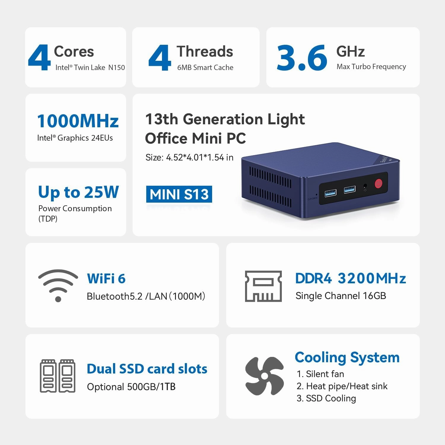 Beelink MINIS13 PRO Mini PC with Processor N150,16G DDR4 500G SSD Mini Desktop Computer, WiFi6, 1000M LAN, BT5.2 Dual HDMI Business Mini Computer