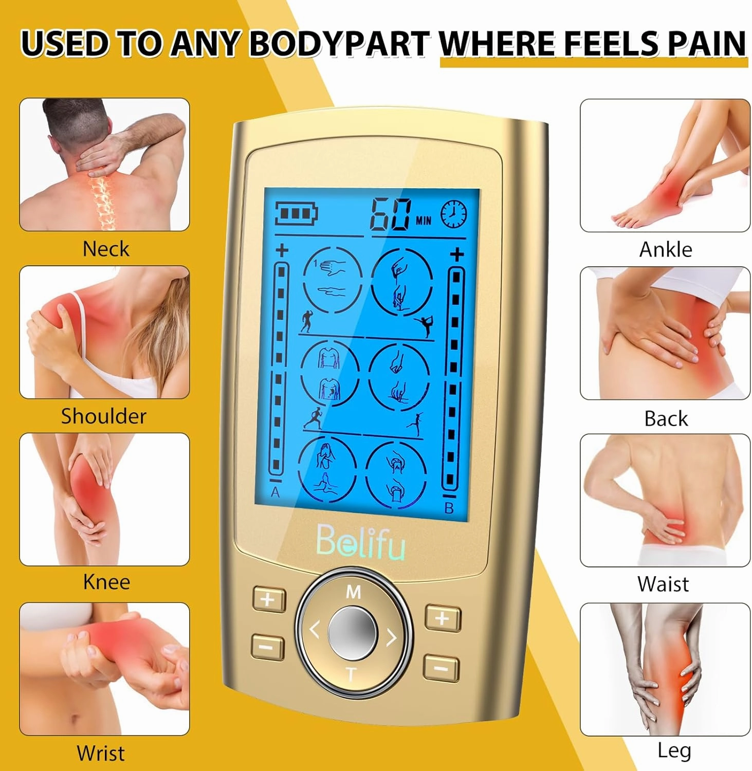 Belifu Dual Channel TENS EMS Unit 24 Modes Muscle Stimulator for Pain Relief Therapy, Electronic Pulse Massager Muscle Massager with 10 Pads, Dust-Proof Drawstring Storage Bag, Fastening Cable Ties