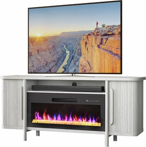 BELLEZE 66" TV Stand with 36" Electric Fireplace Heater, Wood Console Table for TVs up to 75", Entertainment Center with Storage Cabinets for Living Room, Bedroom - Portman (White Sand)