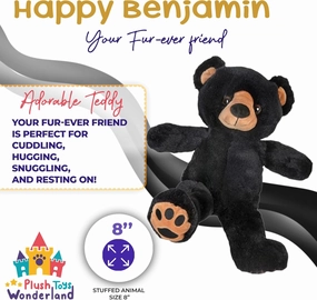 Benjamin The Black Bear Plush – 8 inch Soft & Cuddly Stuffed Animal Toy, Adorable Teddy Bear for Kids, Gift for Toddlers, Birthday Gift, Nursery Decor, and Bear Collectors
