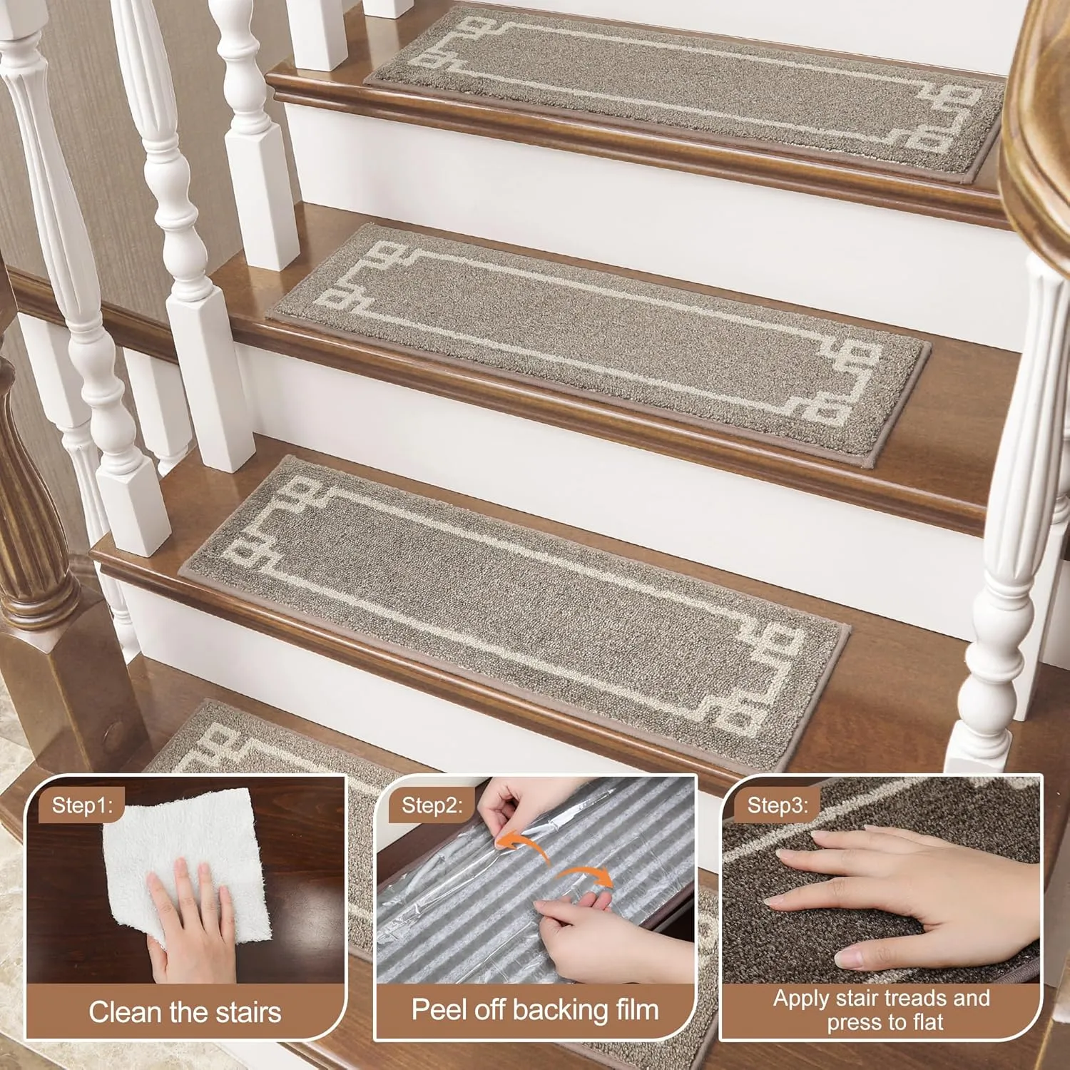 BEQHAUSE Stair Treads for Wooden Steps Non Slip Washable Carpet Stair Treads with Reusable Residue Free Backing Soft Polyester Stair Rugs Indoor for Kids Elders and Dogs 9”x28”,4pcs,Taupe