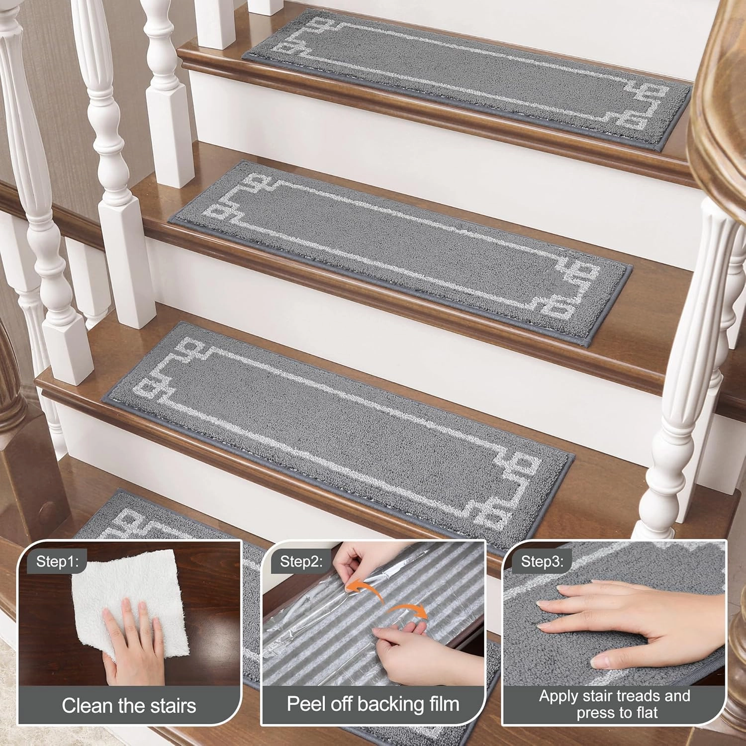 BEQHAUSE Stair Treads for Wooden Steps Non Slip Washable Carpet Stair Treads with Reusable Residue Free Backing Soft Polyester Stair Runners Indoor for Kids Elders and Dogs 9”x28”,4pcs,Grey