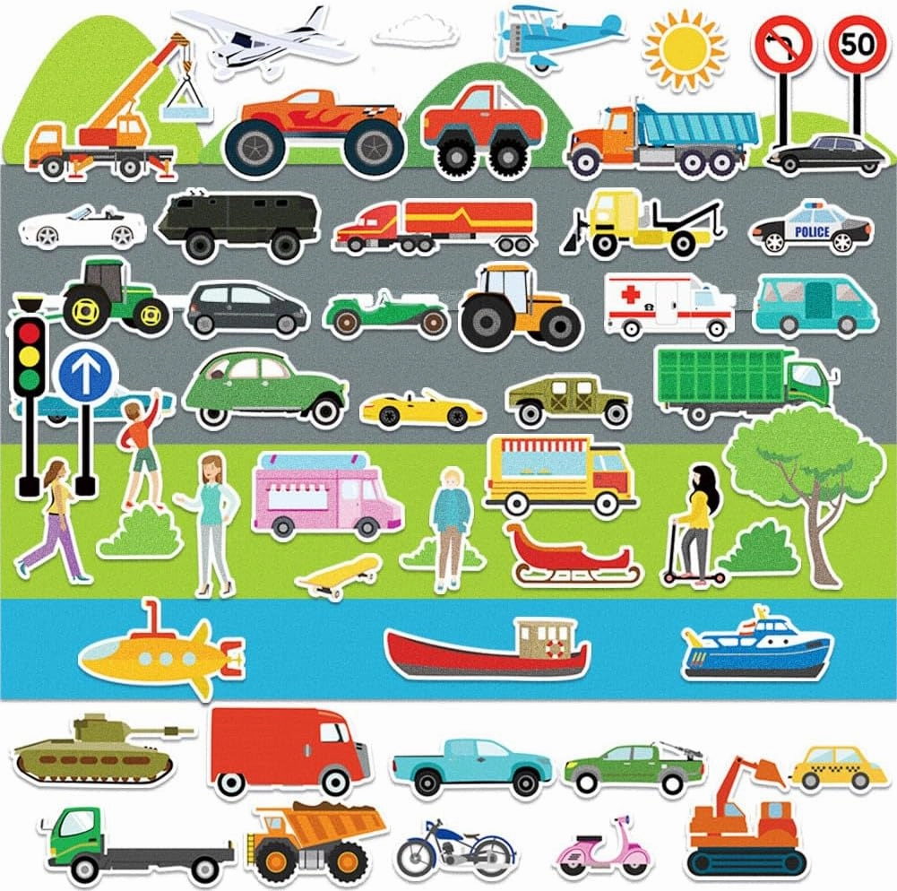BEUNITONE 80 Pcs Vehicle Felt Board Story Pieces Large Transportation Pieces for Flannel Board for Little One Early Learning Interactive Play Kit for Birthday Gifts Wall Hanging