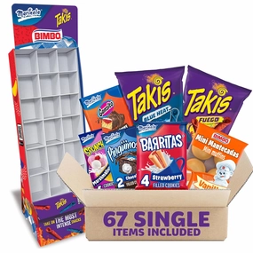 Bimbo, Marinela & Takis Display Shipper, 67 Variety Pack – Easy Assembly Bimbo Snack Rack with Snacks from Mexico – Ideal for Business Owners, Offices, and Parties