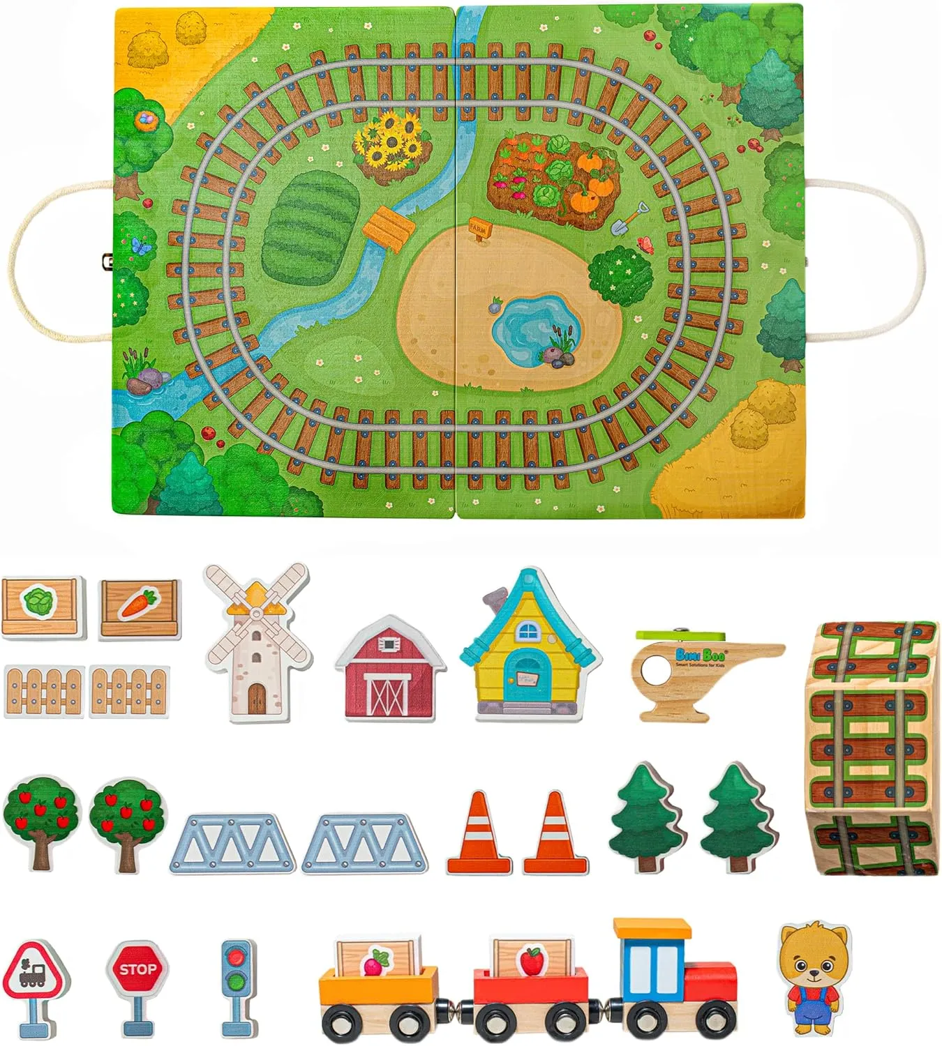 Bimi Boo 26-Piece Wooden Take-Along Tabletop Railroad Play Set for Toddlers - Premium Wood Railway Set for Kids 3  Year Old - Magnetic Train Kit for Pretend Play - Includes Carry Case with Handle