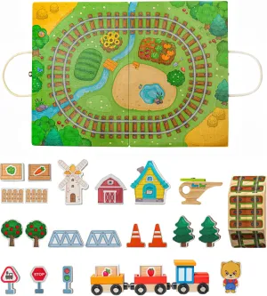 Bimi Boo 26-Piece Wooden Take-Along Tabletop Railroad Play Set for Toddlers - Premium Wood Railway Set for Kids 3  Year Old - Magnetic Train Kit for Pretend Play - Includes Carry Case with Handle