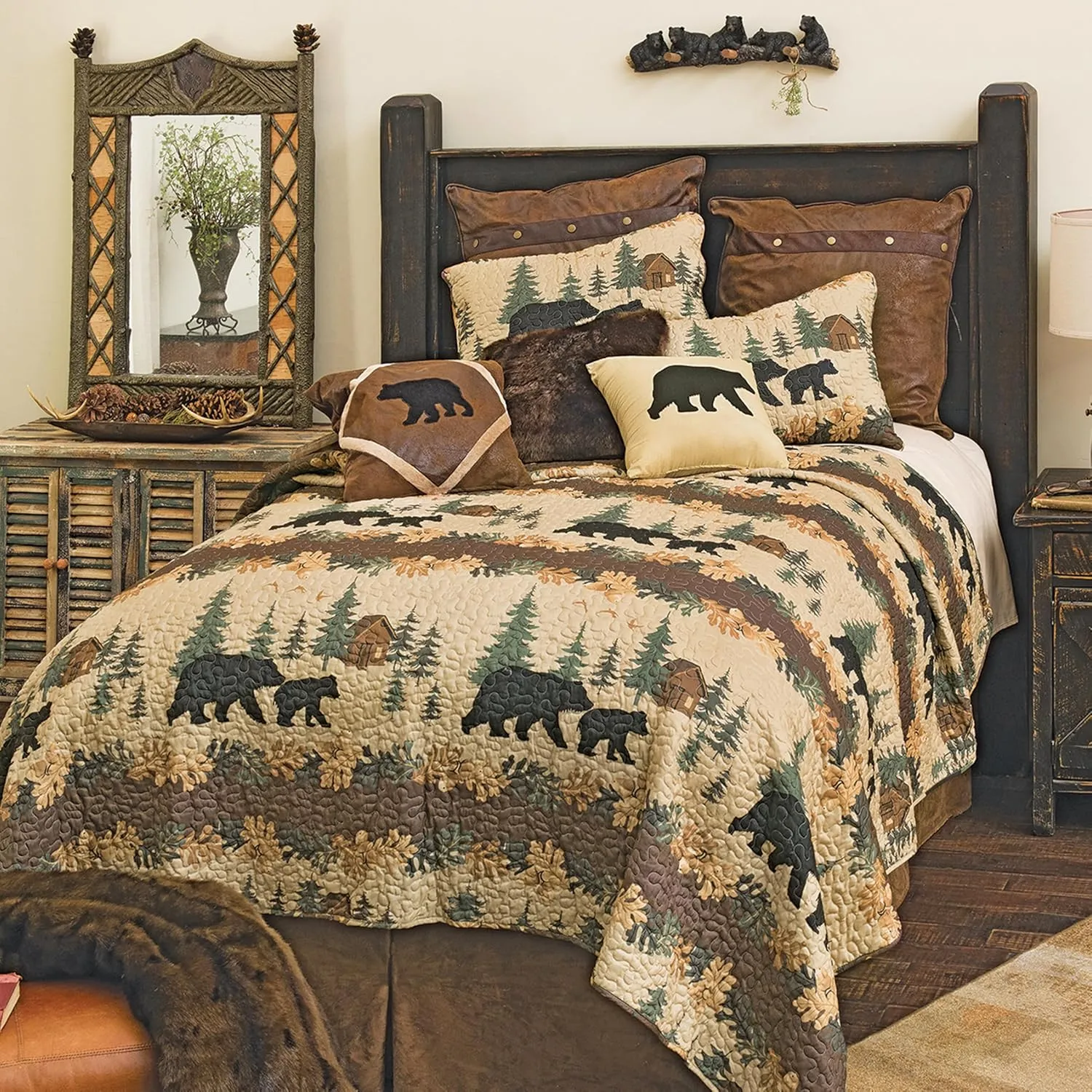 Black Forest Décor Rustic King Size Comforter Set – Cabin Theme Bedding with Bear and Wildlife Prints, Cozy and Warm Country Lodge Quilt