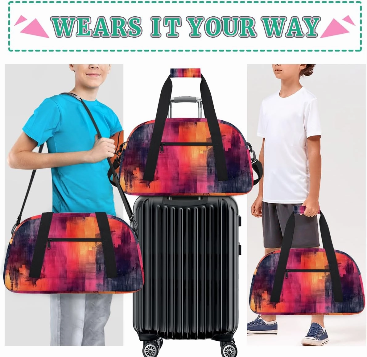 Black and Red Abstract Kids Overnighter Duffel Bags for Boys, Carry-On Size Sports Gym Bag with Front Zipper Pocket for School Practice or Overnight Travel Weekender Sleepover Tote Bag