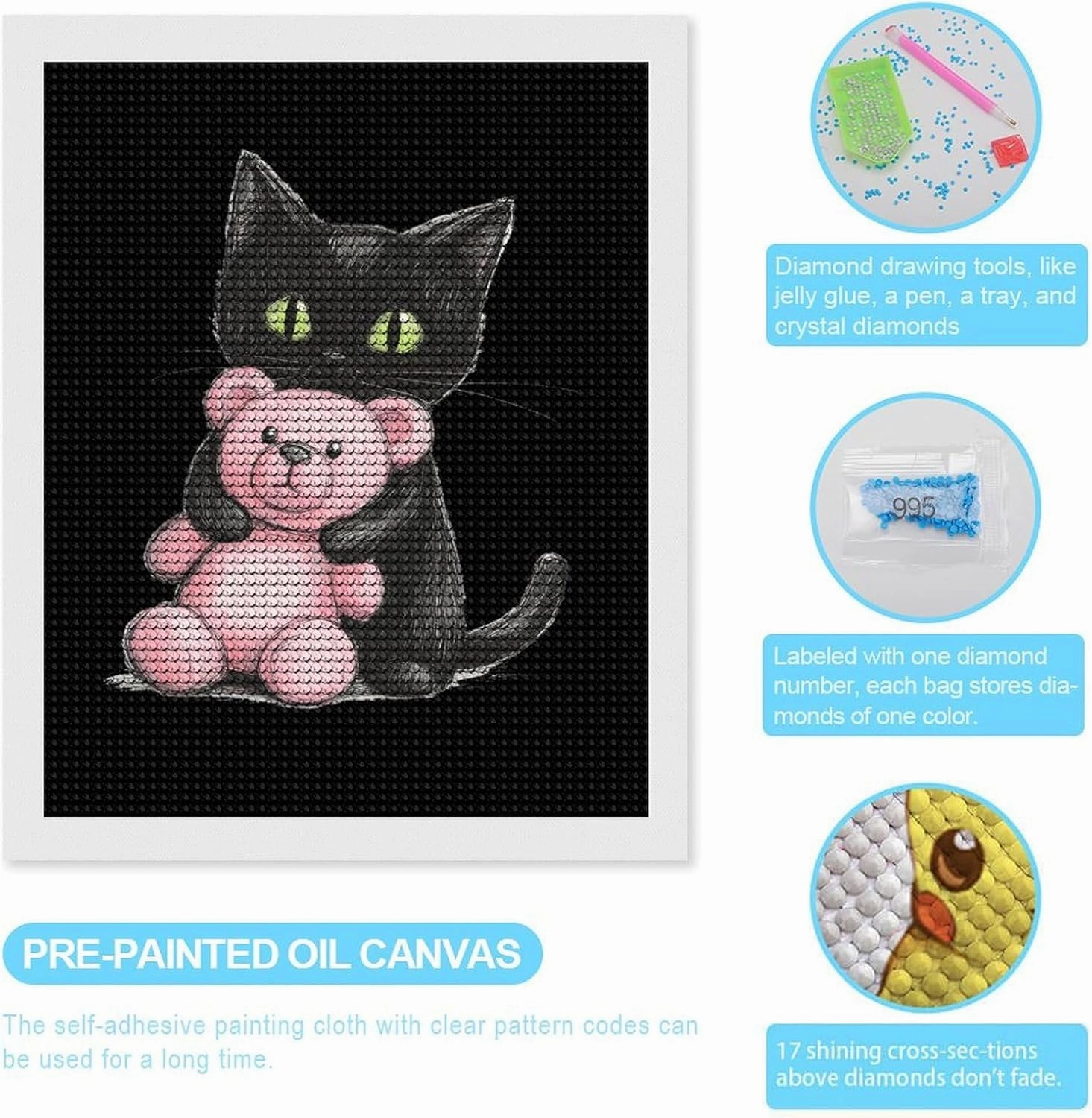 Black Cat Friend Teddy Bear Diamond Art Painting Kits Craft for Home Wall Decor for Adults DIY Gift 16"x20"