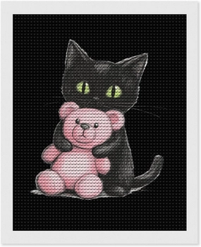 Black Cat Friend Teddy Bear Diamond Art Painting Kits Craft for Home Wall Decor for Adults DIY Gift 16"x20"
