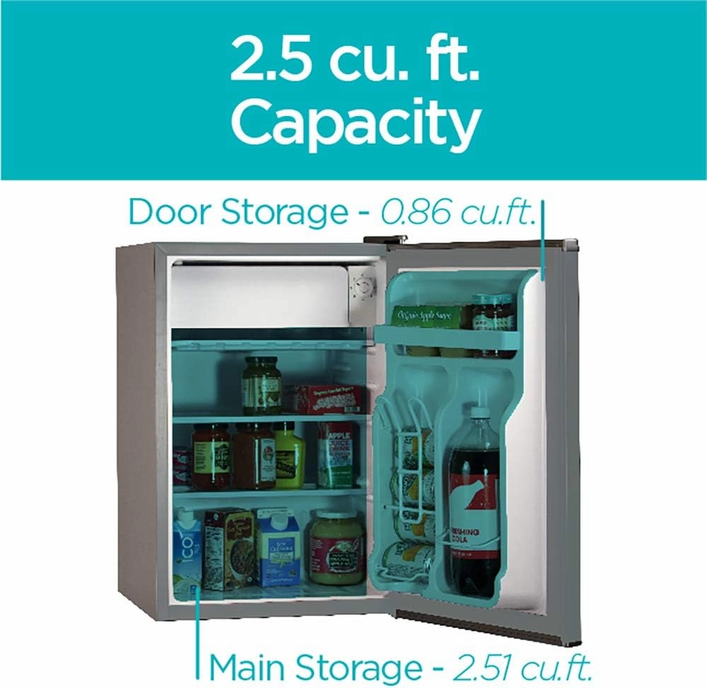 BLACK DECKER 2.5 Cu. Ft. Compact Refrigerator, ENERGY STAR Certified Small Refrigerator, Single Door Mini Fridge with Freezer, Personal Fridge for Home/Dorm Room, R600a Refrigerant, VCM Stainless Look