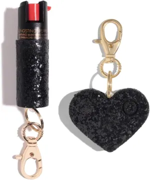 BLINGSTING Self Defense Kit - Professional Grade, Maximum Strength Pepper Spray with UV Marking Dye & Personal Safety Alarm (Black Glitter & Black Heart)