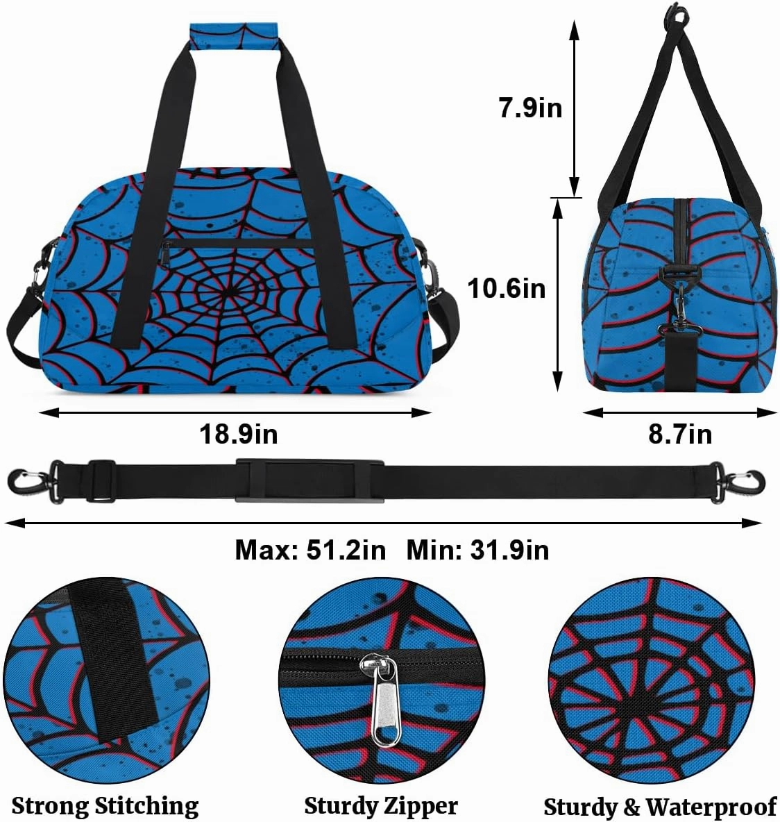 Blue Spider Web Kids Overnighter Duffel Bags for Boys Girls, Carry-On Size Sports Gym Bag for School Practice or Overnight Travel Weekender Sleepover Tote Bag