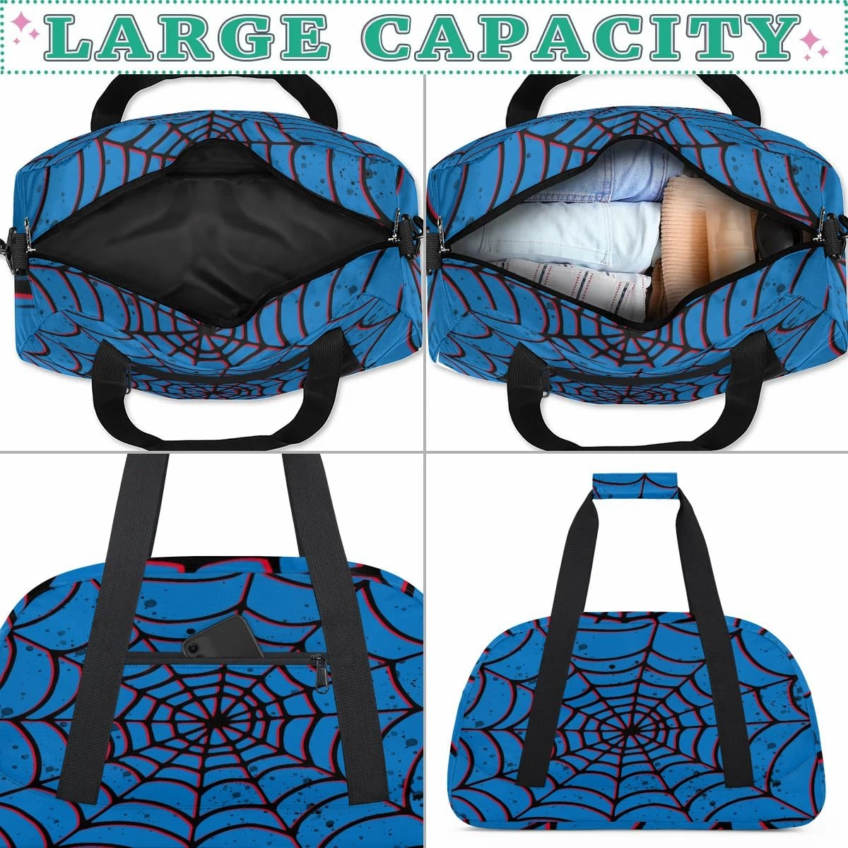 Blue Spider Web Kids Overnighter Duffel Bags for Boys Girls, Carry-On Size Sports Gym Bag for School Practice or Overnight Travel Weekender Sleepover Tote Bag