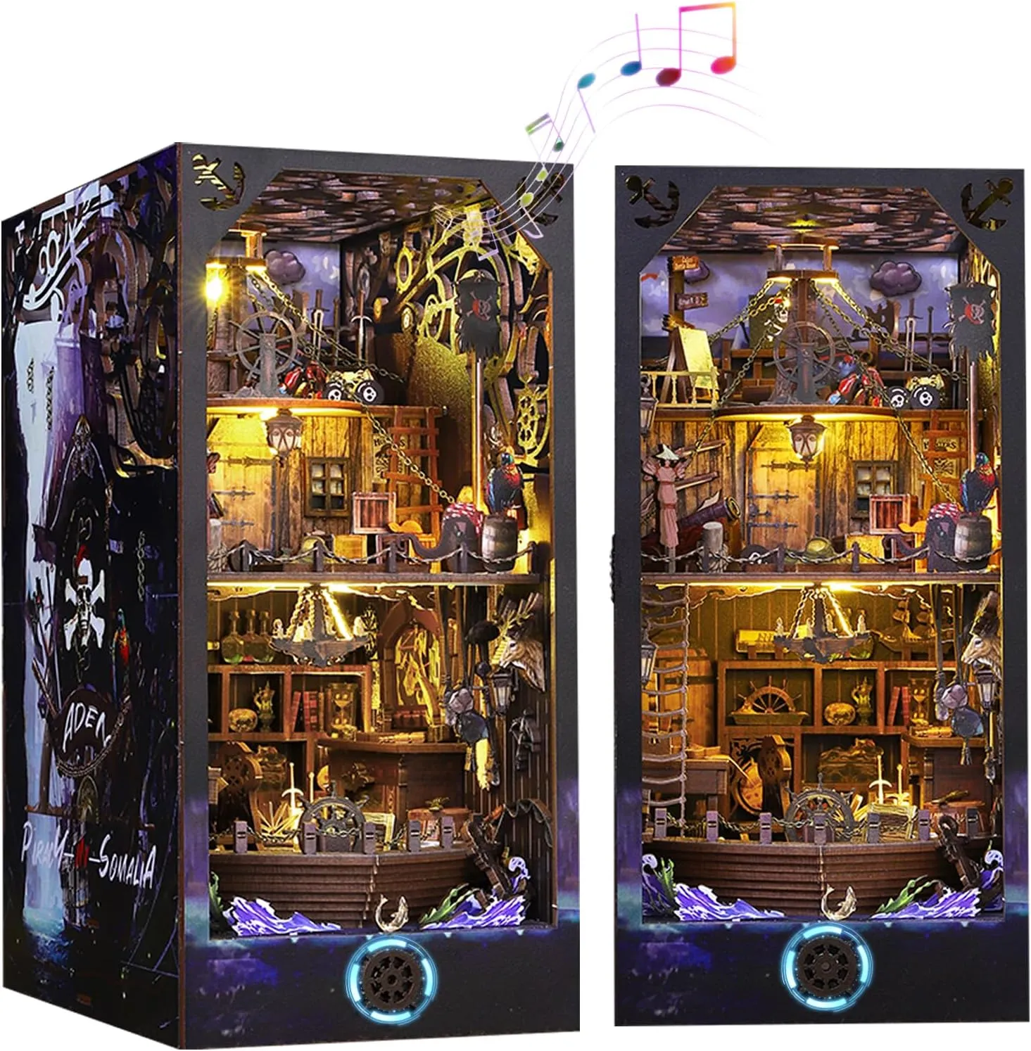 Book Nook Kit 3D Wooden Puzzle Bookend DIY Miniature House Kit with Light Dollhouse Booknook Bookshelf Insert Decor Bookends Model Creativity Kit for Kids Adults(Aden Pirate Ship)