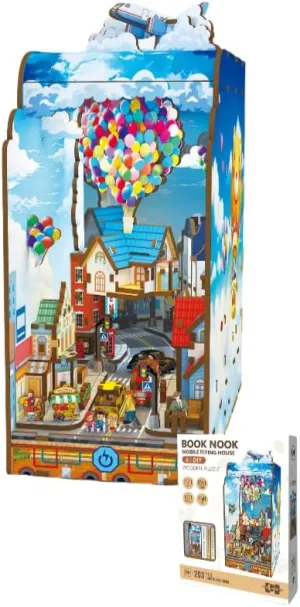 Book Nook Kit - 3D Wooden Puzzles DIY Miniature House Kit with Led Light, Dollhouse Miniature Toys Ideal Gift for Craft Lovers Teens and Adults（Mobile Flying House