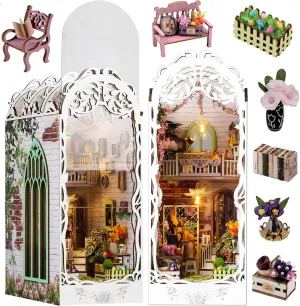 Book Nook Kit with Dust Cover & LED Light, Miniature House Kit for Birthday, 3D Wooden Bookends Puzzle, Bookshelf Decor for Adults, Teens, Beginners (Flower Room)