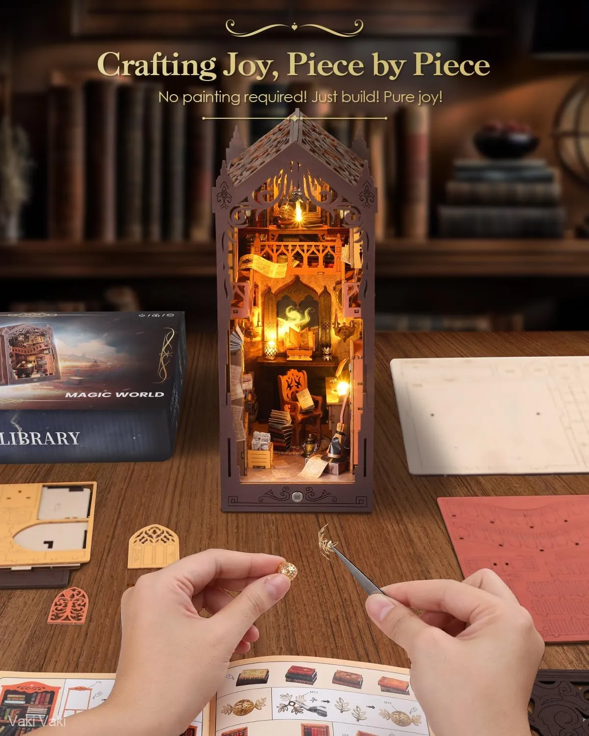 Book Nook Kit with Dust Cover & LED Light, Miniature House Kit for Birthday, 3D Wooden Bookends Puzzle, Bookshelf Decor for Adults, Teens, Beginners (Magic Bookstore)