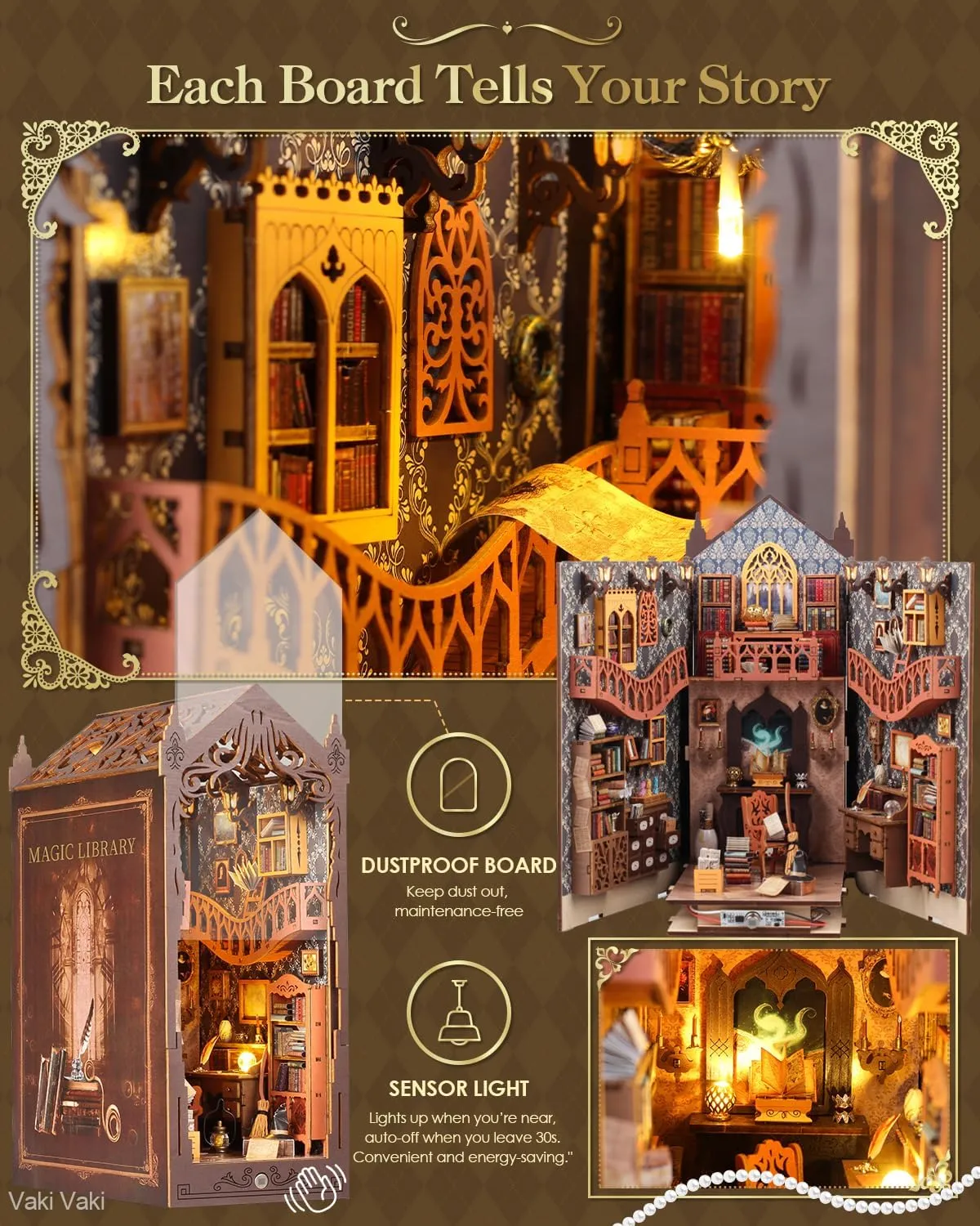 Book Nook Kit with Dust Cover & LED Light, Miniature House Kit for Birthday, 3D Wooden Bookends Puzzle, Bookshelf Decor for Adults, Teens, Beginners (Magic Bookstore)