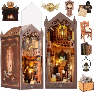 Book Nook Kit with Dust Cover & LED Light, Miniature House Kit for Birthday, 3D Wooden Bookends Puzzle, Bookshelf Decor for Adults, Teens, Beginners (Magic Bookstore)