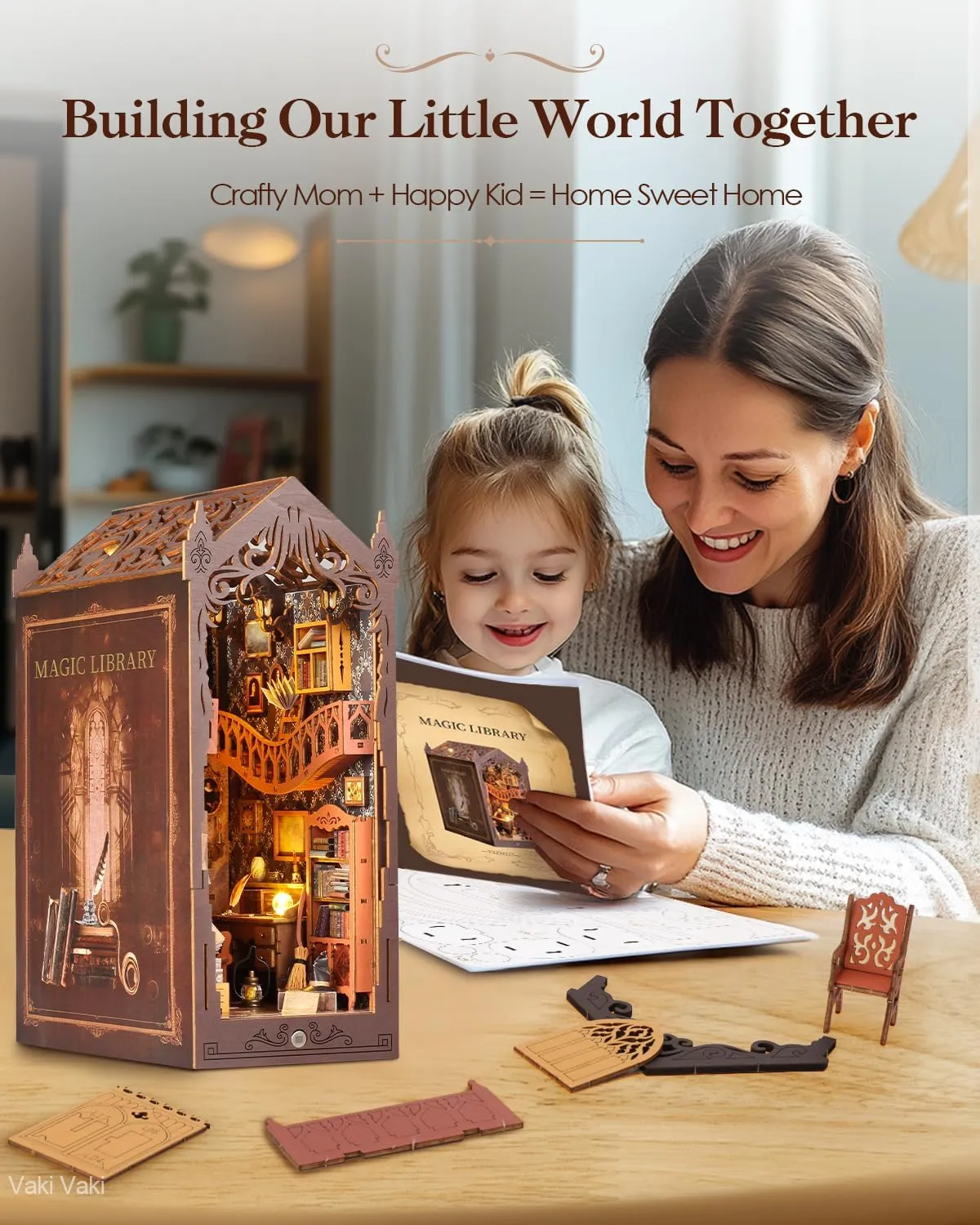 Book Nook Kit with Dust Cover & LED Light, Miniature House Kit for Birthday, 3D Wooden Bookends Puzzle, Bookshelf Decor for Adults, Teens, Beginners (Magic Bookstore)