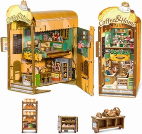 Book Nook Kit - 3D Wooden Puzzles DIY Miniature House Kit with Led Light, Dollhouse Miniature Toys Ideal Gift for Craft Lovers Teens and Adults(Coffee and Home)