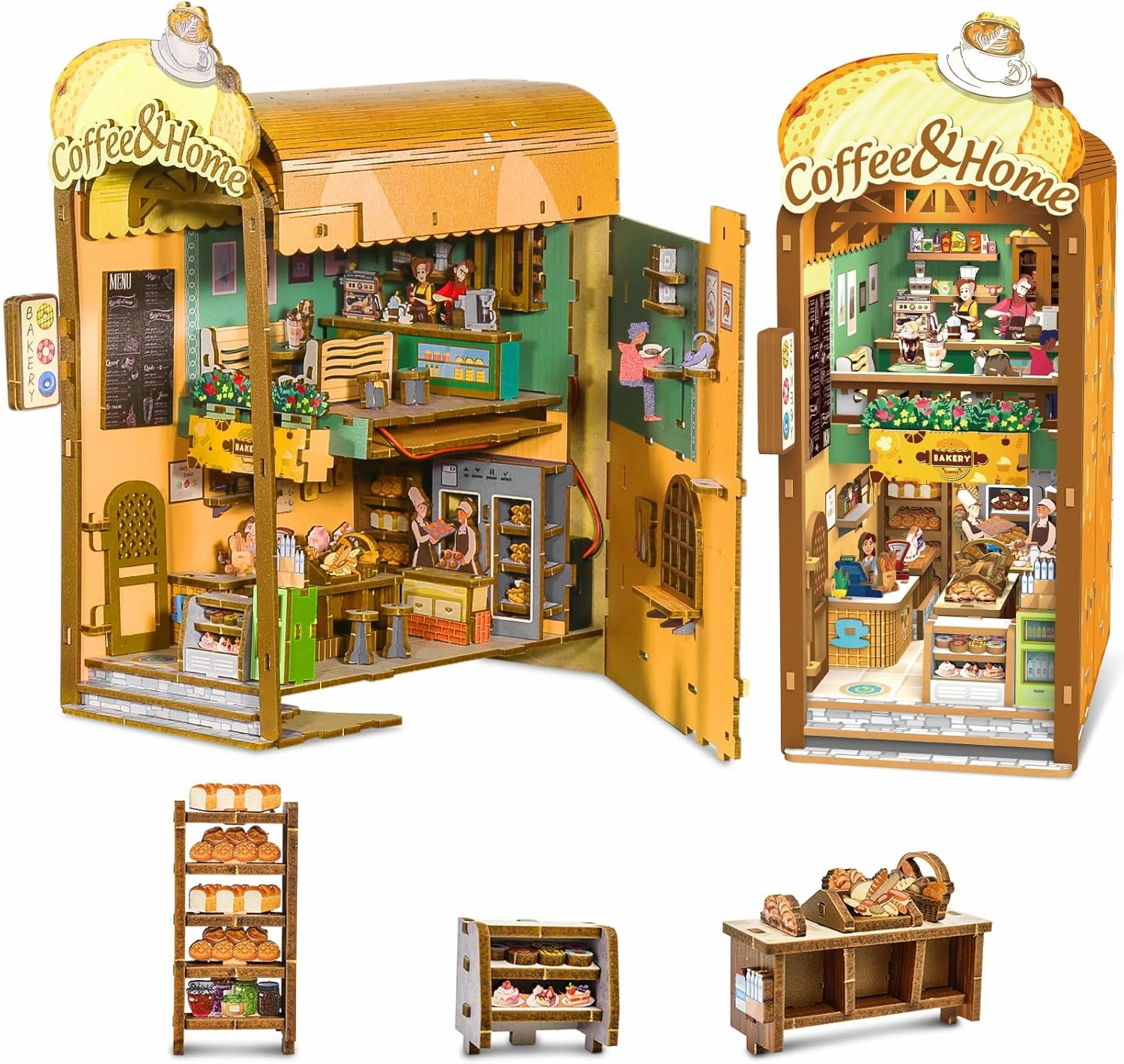 Book Nook Kit - 3D Wooden Puzzles DIY Miniature House Kit with Led Light, Dollhouse Miniature Toys Ideal Gift for Craft Lovers Teens and Adults(Coffee and Home)