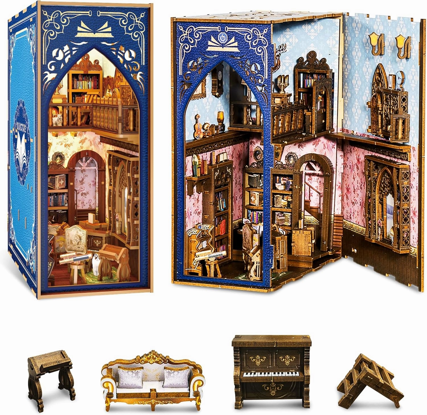 Book Nook Kit - 3D Wooden Puzzles DIY Miniature House Kit with Led Light, Dollhouse Miniature Toys Ideal Gift for Craft Lovers Teens and Adults（Salton's Retro Bookstore）