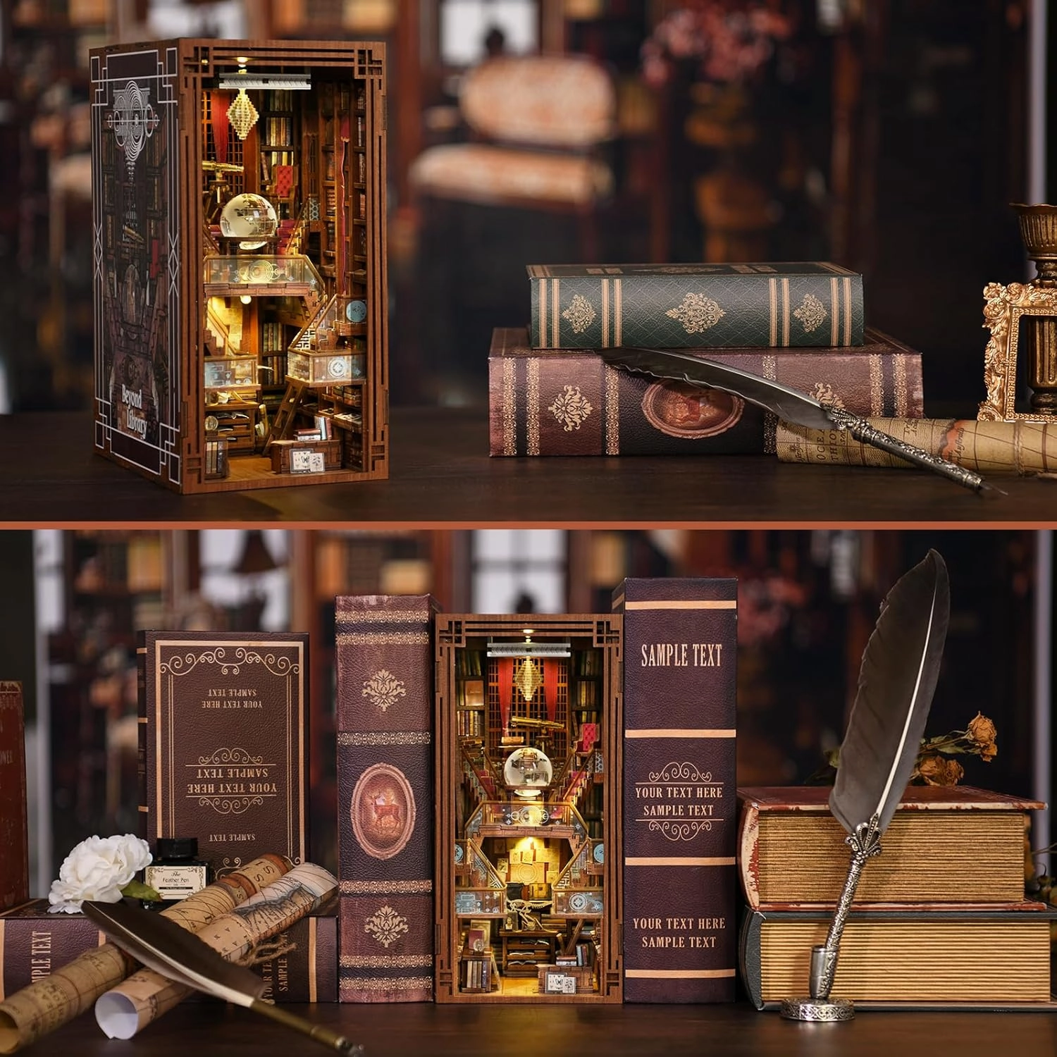 Book Nook Kit, DIY Miniature Dollhouse Library House Kit for Adult and Teens, 3D Wooden Puzzle Bookends Bookshelf with Sensor Led Light (Beyond Library)