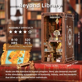 Book Nook Kit, DIY Miniature Dollhouse Library House Kit for Adult and Teens, 3D Wooden Puzzle Bookends Bookshelf with Sensor Led Light (Beyond Library)