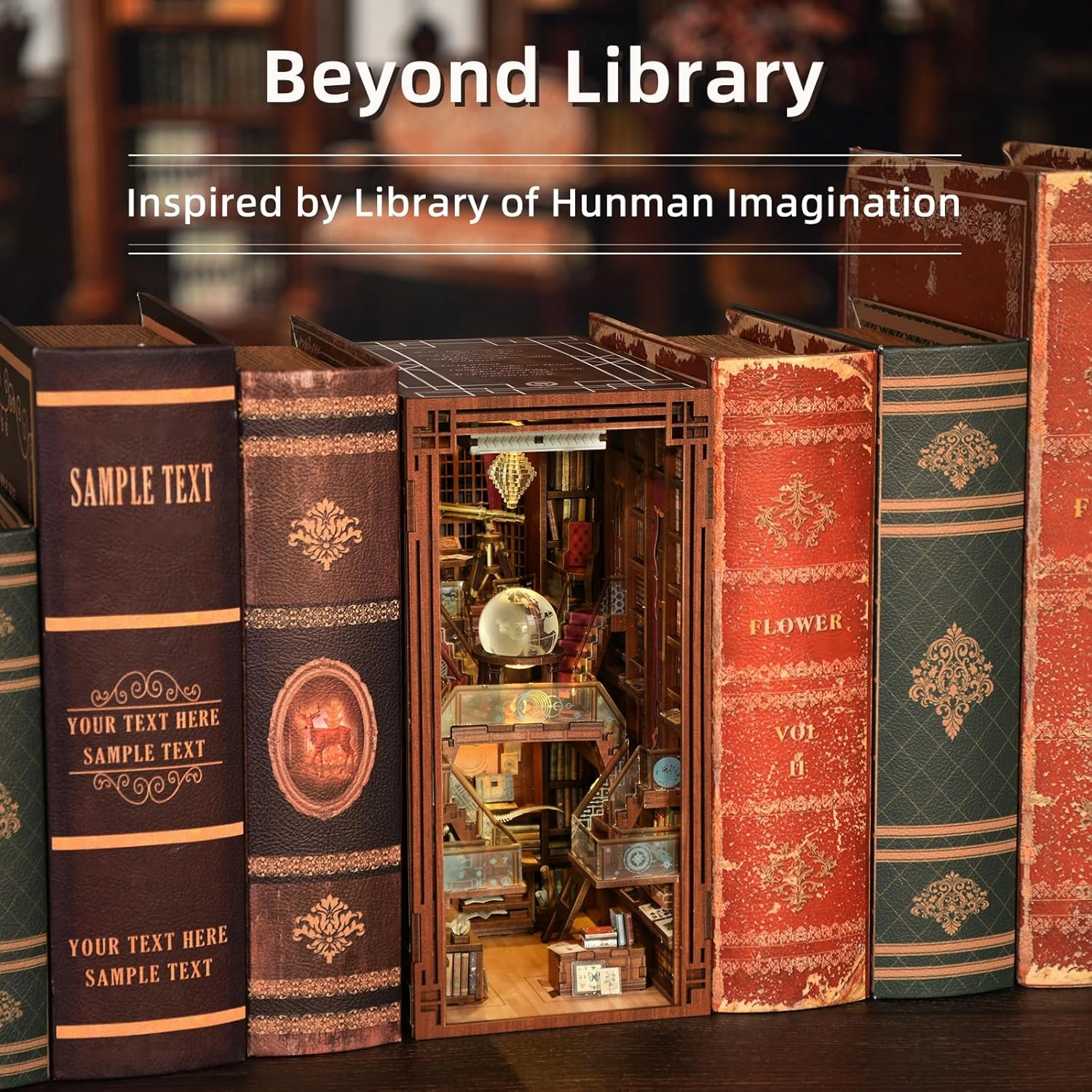 Book Nook Kit, DIY Miniature Dollhouse Library House Kit for Adult and Teens, 3D Wooden Puzzle Bookends Bookshelf with Sensor Led Light (Beyond Library)