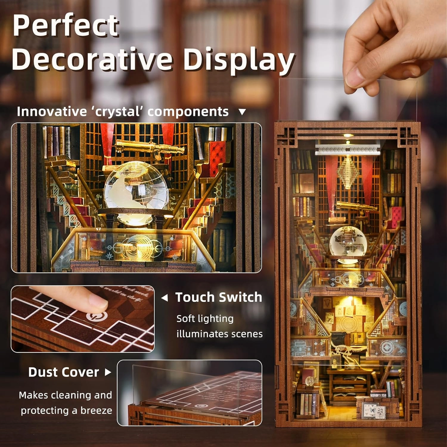 Book Nook Kit, DIY Miniature Dollhouse Library House Kit for Adult and Teens, 3D Wooden Puzzle Bookends Bookshelf with Sensor Led Light (Beyond Library)