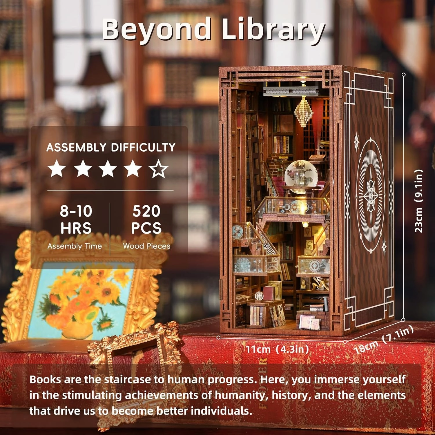 Book Nook Kit, DIY Miniature Dollhouse Library House Kit for Adult and Teens, 3D Wooden Puzzle Bookends Bookshelf with Sensor Led Light (Beyond Library)