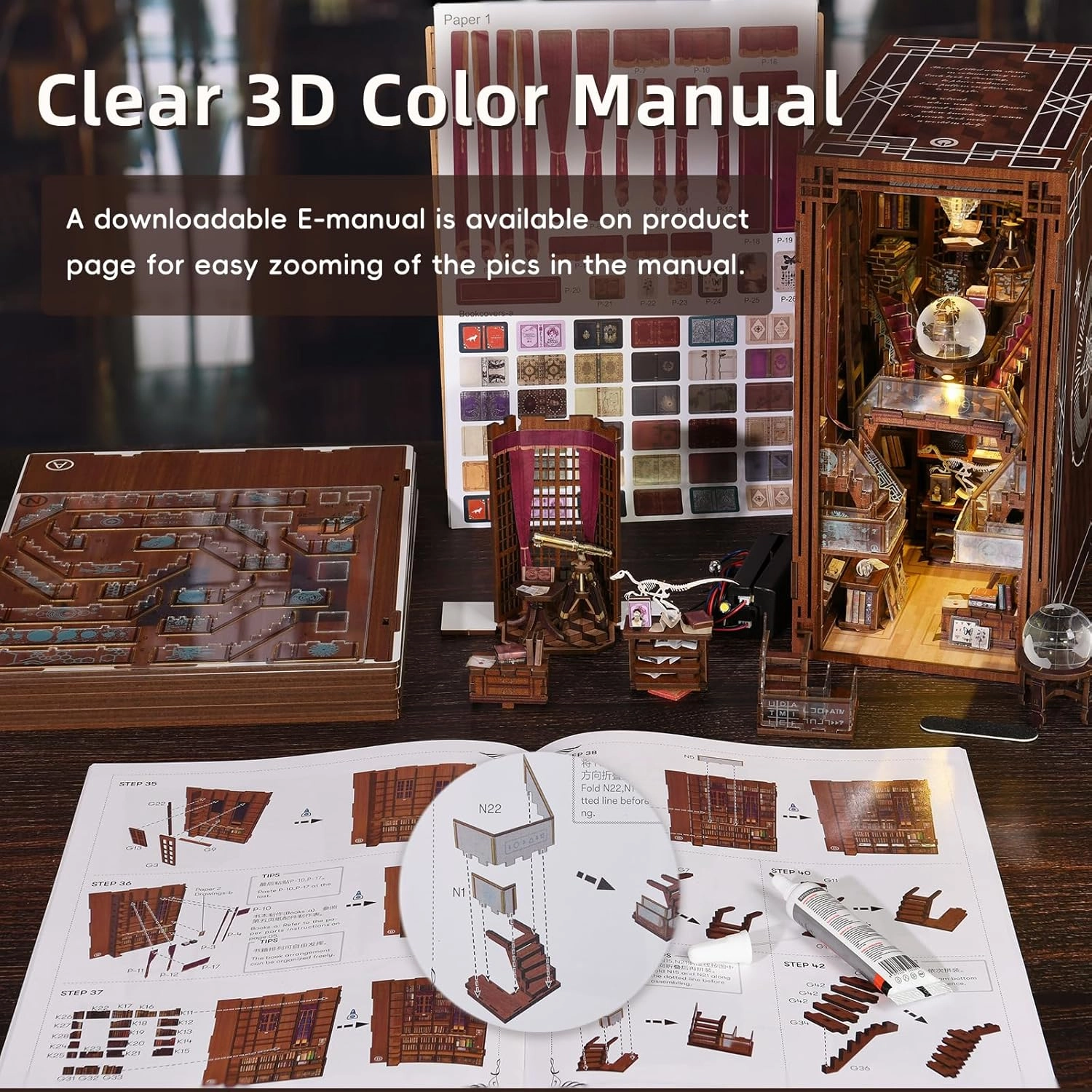 Book Nook Kit, DIY Miniature Dollhouse Library House Kit for Adult and Teens, 3D Wooden Puzzle Bookends Bookshelf with Sensor Led Light (Beyond Library)
