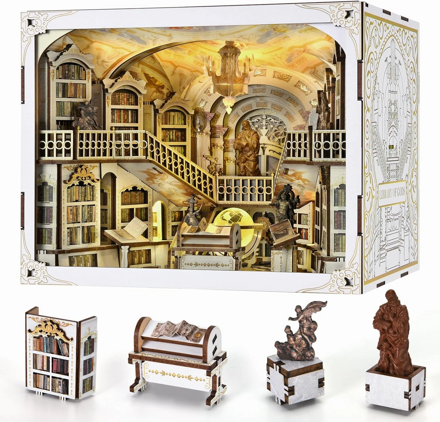 Book Nook Kit, DIY Miniature House Kit for Adults Teens, Dollhouse Booknook Tiny Library House, 3D Wooden Puzzle Bookend Bookshelf with LED Light (Library of Gods Max)