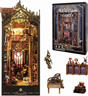 Book Nook Kit William Castle, DIY Booknooks Kit for Adults Teens with Sensor Lights, Bookshelf Diorama Miniature Scenes Insert Decor, 3D Wooden Puzzle Miniature House Kit Gifts for Women