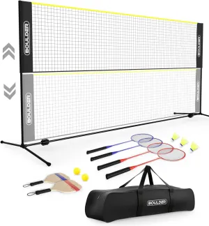 Boulder Sports All-in-One Pickleball & Badminton Set - Portable, Adjustable Net with Paddles & Rackets