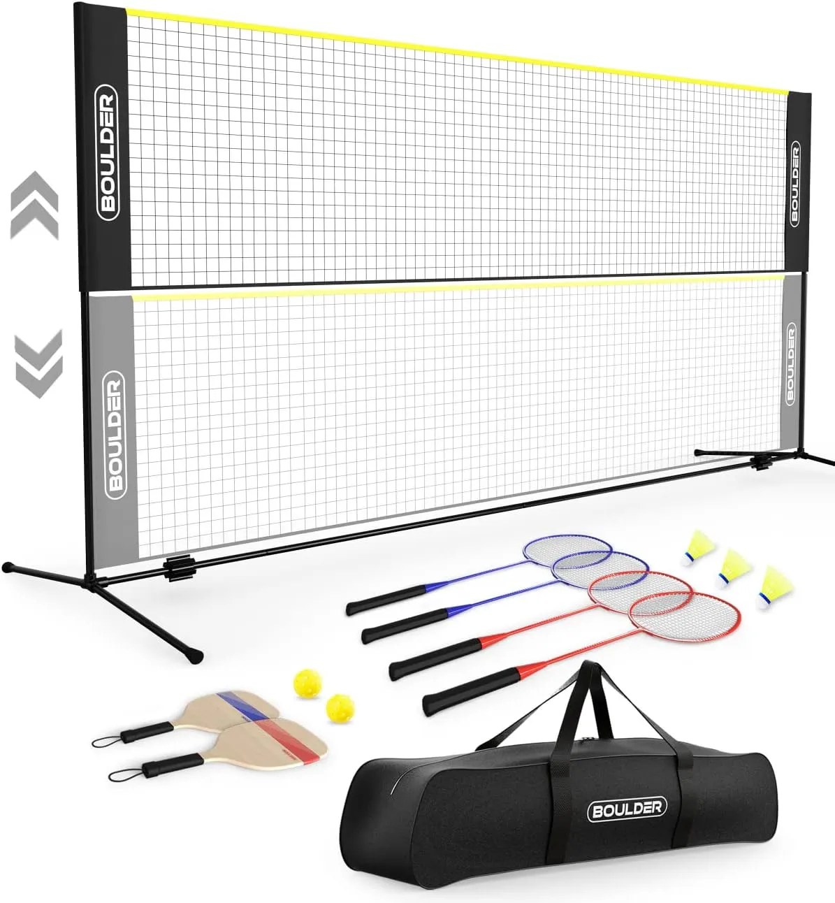 Boulder Sports All-in-One Pickleball & Badminton Set - Portable, Adjustable Net with Paddles & Rackets