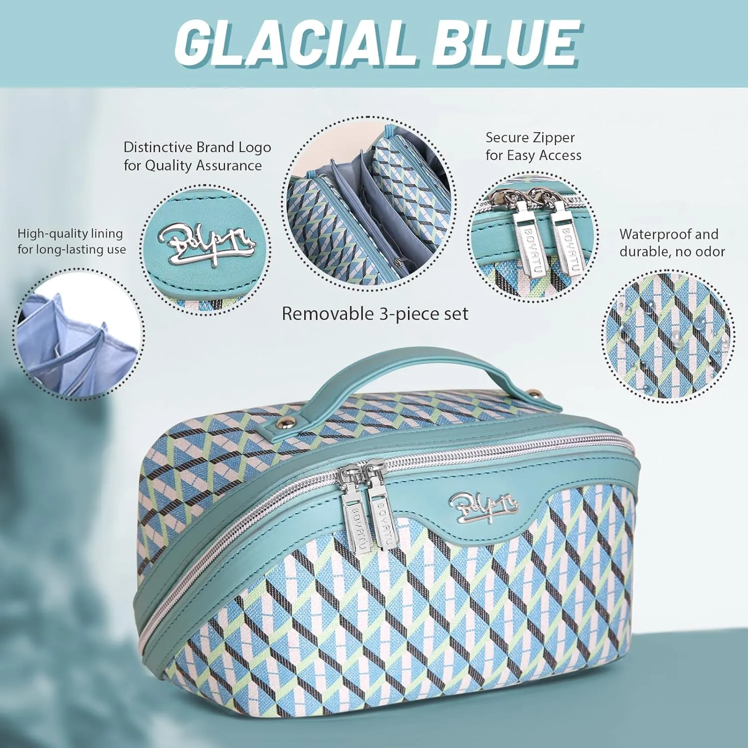 BOYATU Travel Makeup Bags for Women: Large Capacity Cosmetic Bag Set of 3 - Vegan Leather Make up Bags with Compartments - Wide Open Waterproof Toiletry Organizer Bag with Handle (03-Glacial Blue)