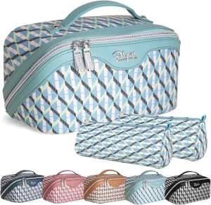 BOYATU Travel Makeup Bags for Women: Large Capacity Cosmetic Bag Set of 3 - Vegan Leather Make up Bags with Compartments - Wide Open Waterproof Toiletry Organizer Bag with Handle (03-Glacial Blue)